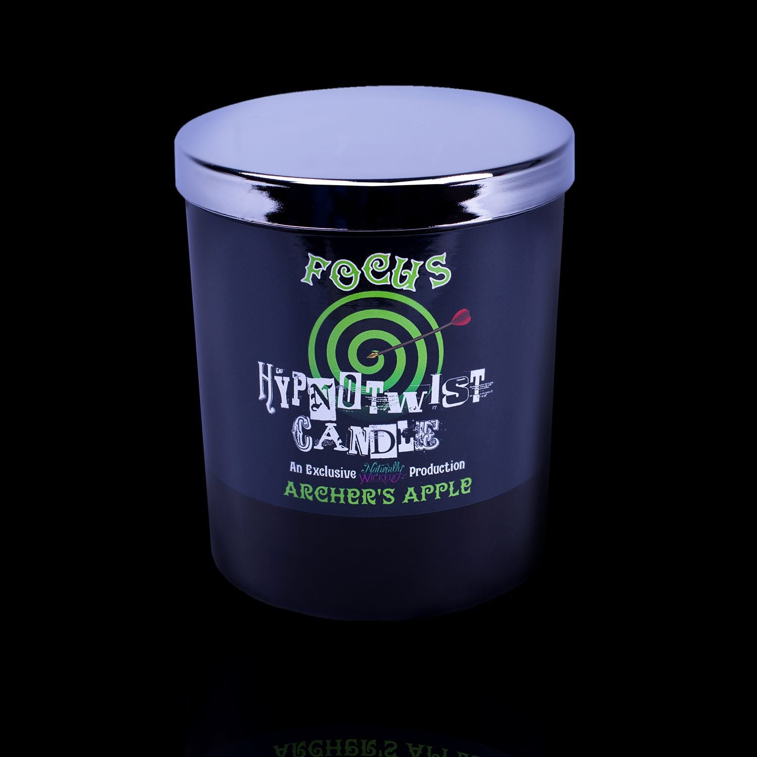 Perfect Your Focus With The Naturally Wicked Hypnotwist Focus Candle Featuring Plant-based Soy Green Wax Scented With Archer's Apple & Includes A Green Aventurine Crystal Spinning Top & Mirrored Lid