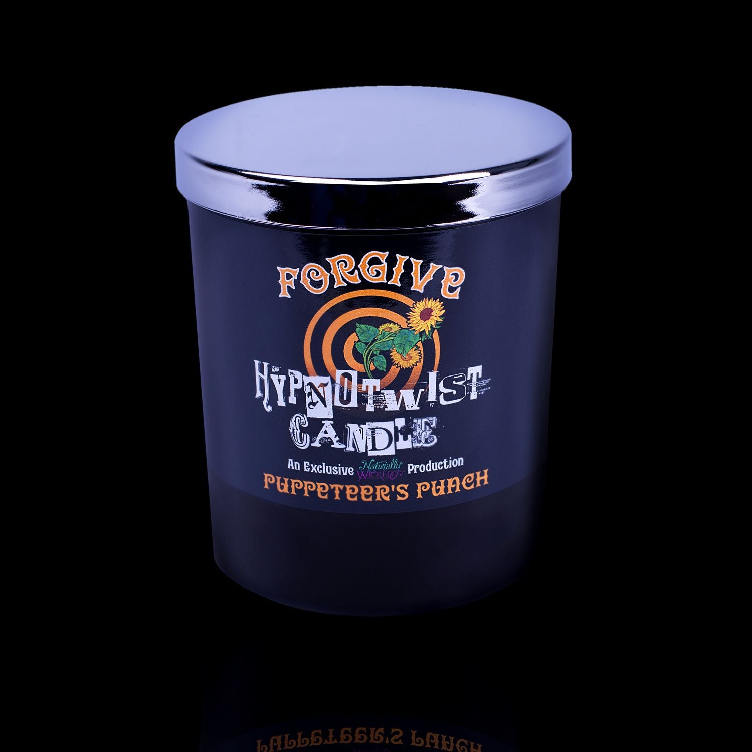Learn To Forgive With The Naturally Wicked Hypnotwist Forgive Candle Featuring Plant-based Soy Orange Wax Scented With Puppeteer's Punch & Includes An Orange Aventurine Crystal Spinning Top & Mirrored Lid