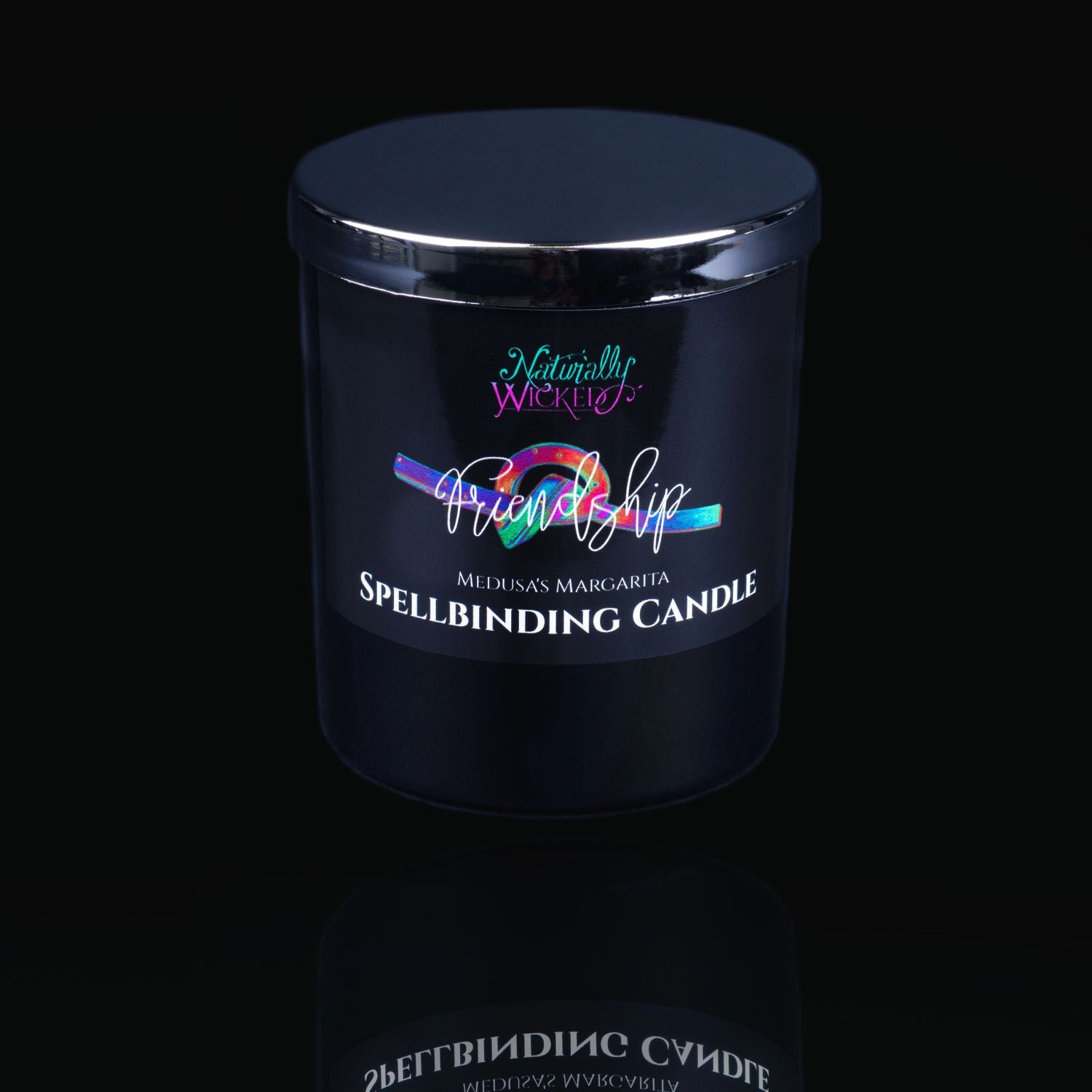 Naturally Wicked Spellbinding Friendship Spell Candle With Mirror Finished Exquisite Lid In Place. Featuring A Black Gloss Label And A Rainbow Friendship Knot. A Unique Gift For Any Friend
