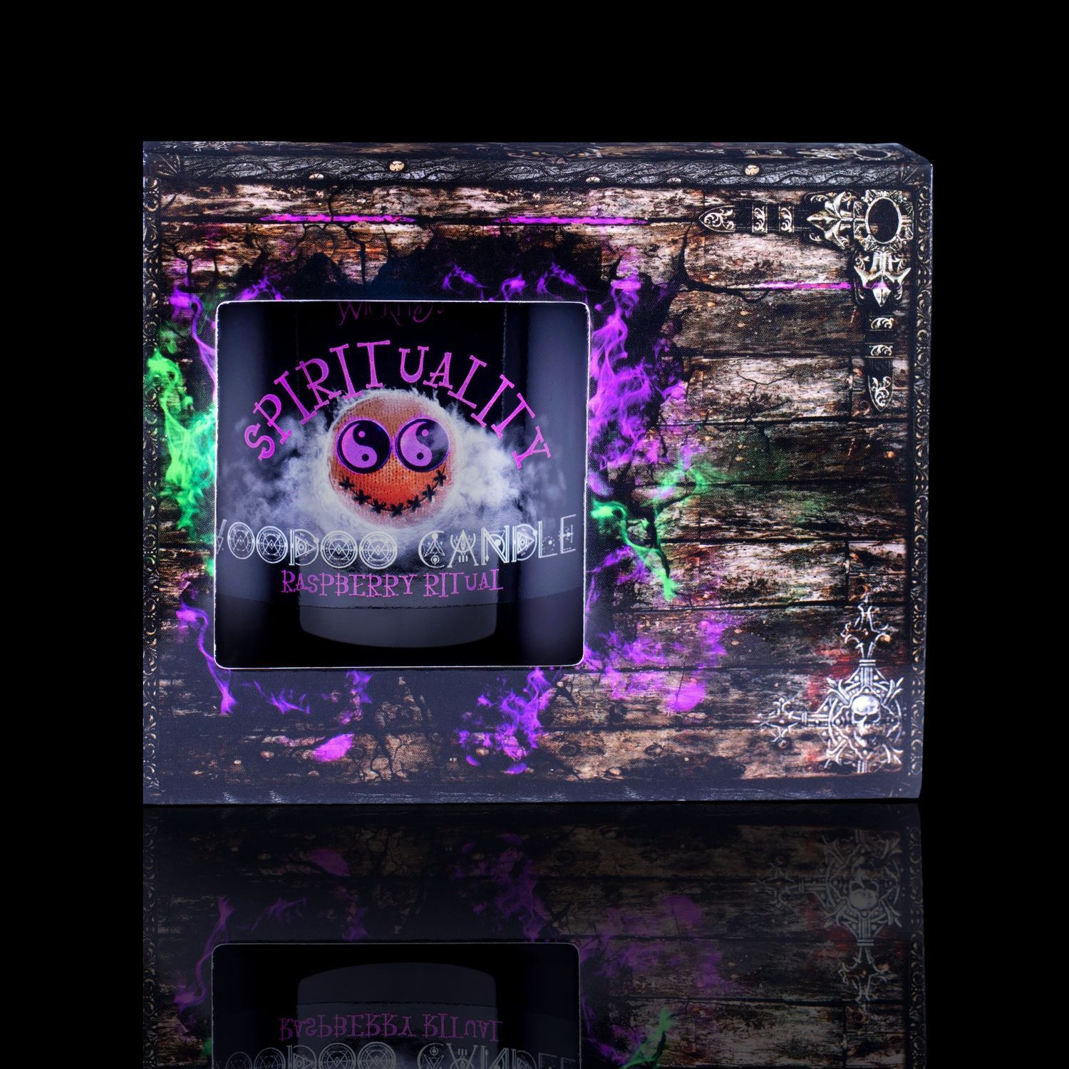 The Perfect Spell Candle For Spirituality. Naturally Wicked Voodoo Spirituality Candle Displayed In A Haunting Treasure Chest Gift Box. The Candle Features Plant-Based Smooth Purple Wax, A Wood Wick, Purple Voodoo Doll And A Beautiful Purple Amethyst Crystal Wand.