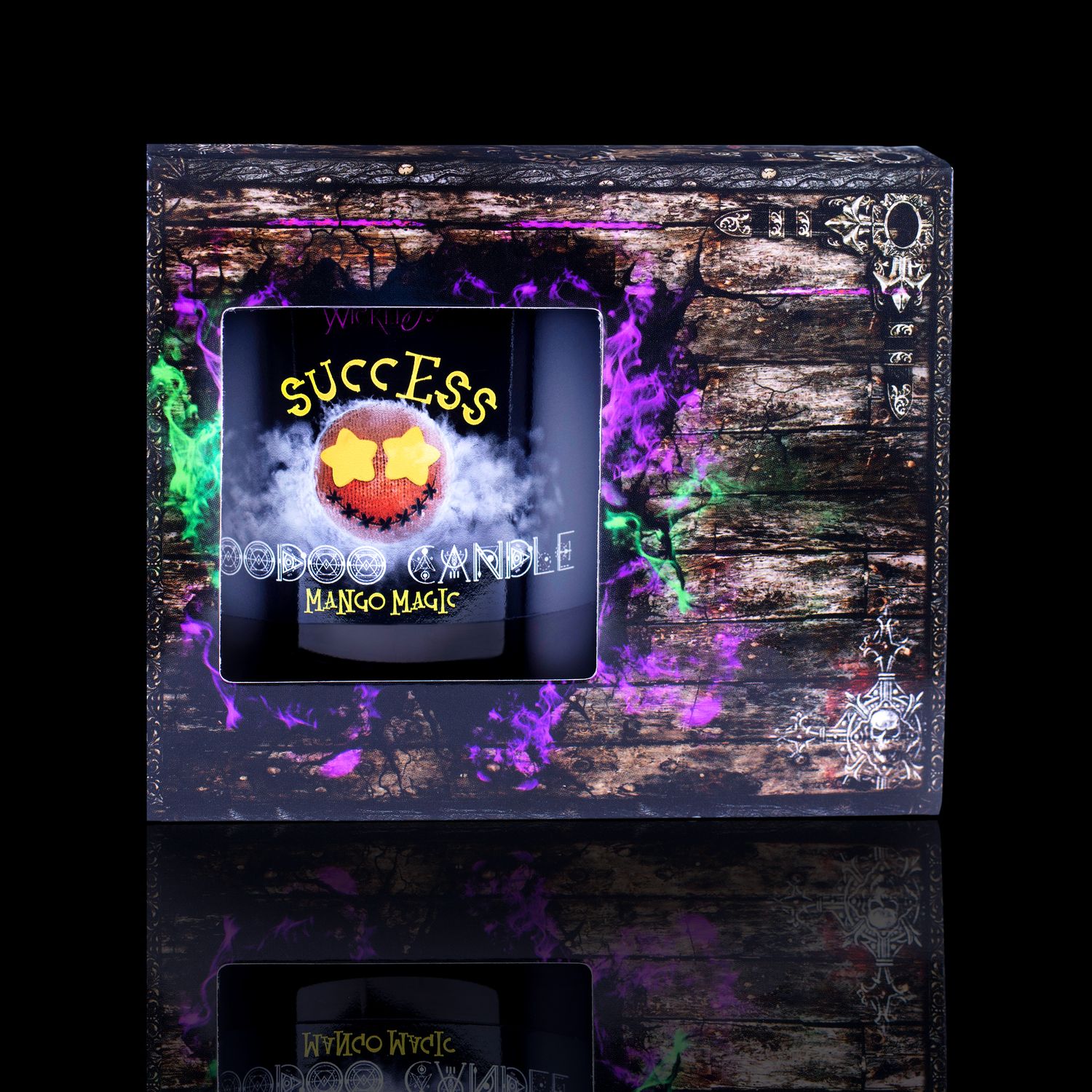  The Perfect Spell Candle For Success. Naturally Wicked Voodoo Success Candle Displayed In A Haunting Treasure Chest Gift Box. The Candle Features Plant-Based Smooth Yellow Wax, A Wood Wick, Yellow Voodoo Doll And A Beautiful Yellow Jade Crystal Wand.