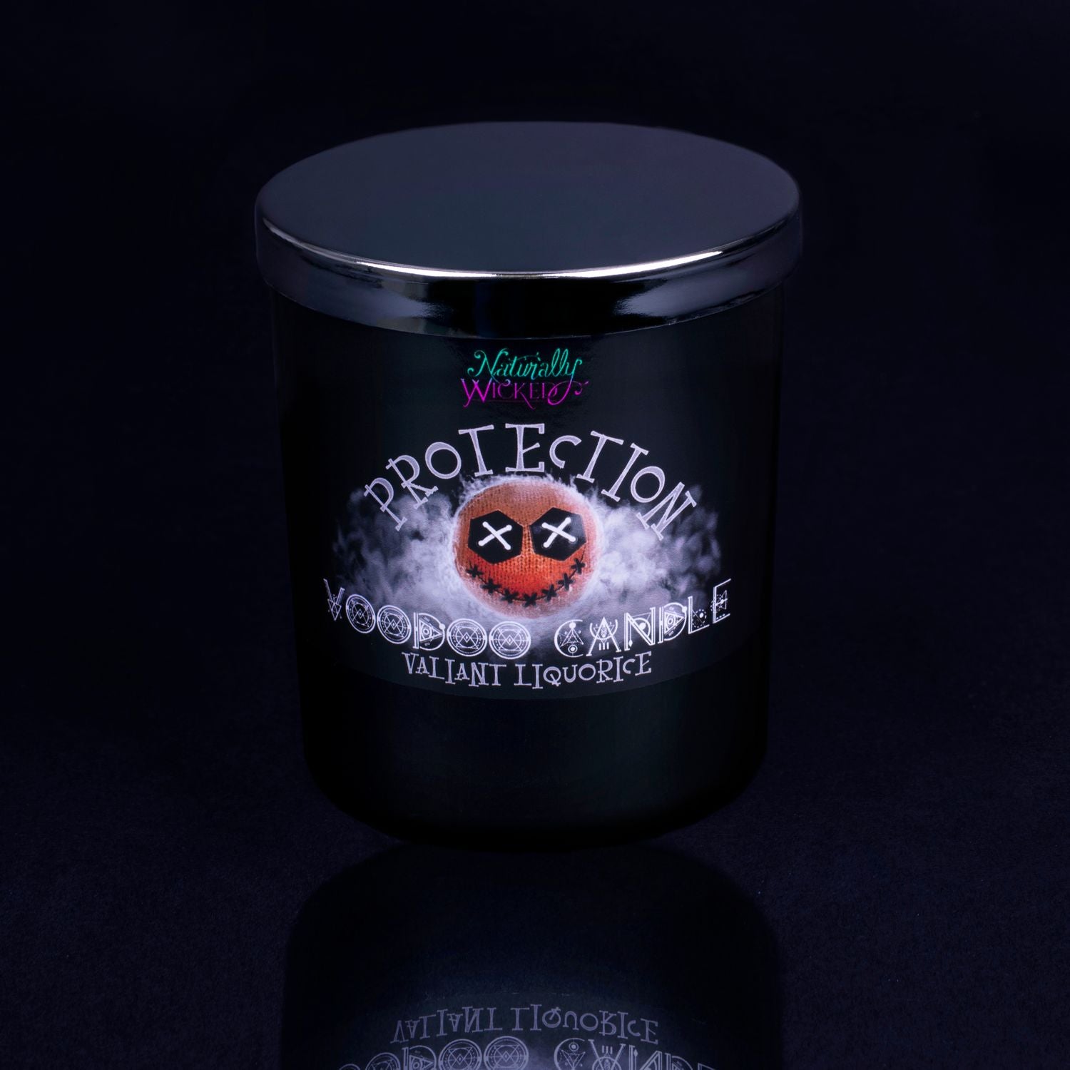 Naturally Wicked Voodoo Protection Spell Candle With Mirror Finished Exquisite Lid In Place. Featuring A Black Gloss Label, A Voodoo Doll Design And Valiant Liquorice Scent.