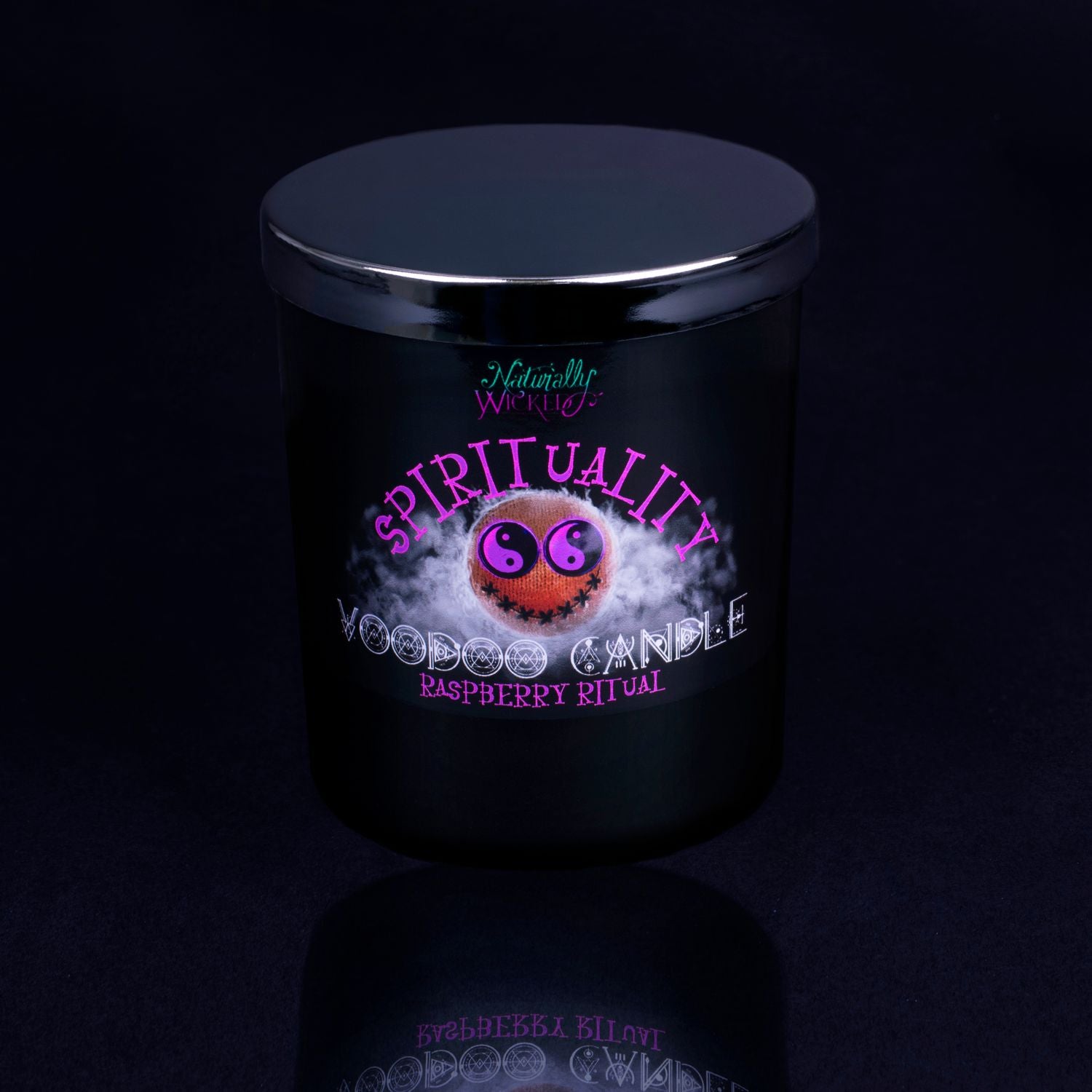 Naturally Wicked Voodoo Spirituality Spell Candle With Mirror Finished Exquisite Lid In Place. Featuring A Black Gloss Label, A Voodoo Doll Design And Raspberry Ritual Scent.