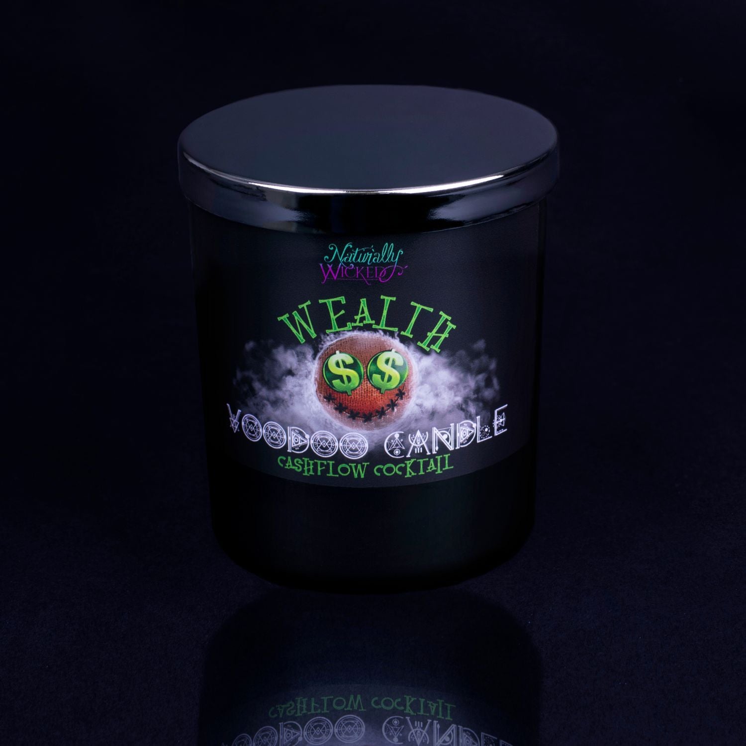 Naturally Wicked Voodoo Wealth Spell Candle With Mirror Finished Exquisite Lid In Place. Featuring A Black Gloss Label, A Voodoo Doll Design And Cashflow Cocktail Scent.