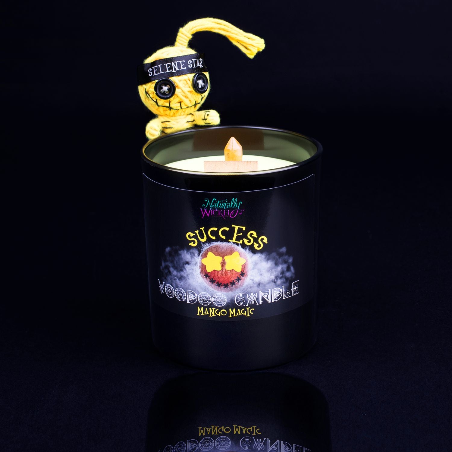 Naturally Wicked Voodoo Success Crystal Candle Entombed In Yellow Plant-Based Wax With Crackling Wood Wick, Yellow Jade Crystal Wand & Yellow Voodoo Doll.