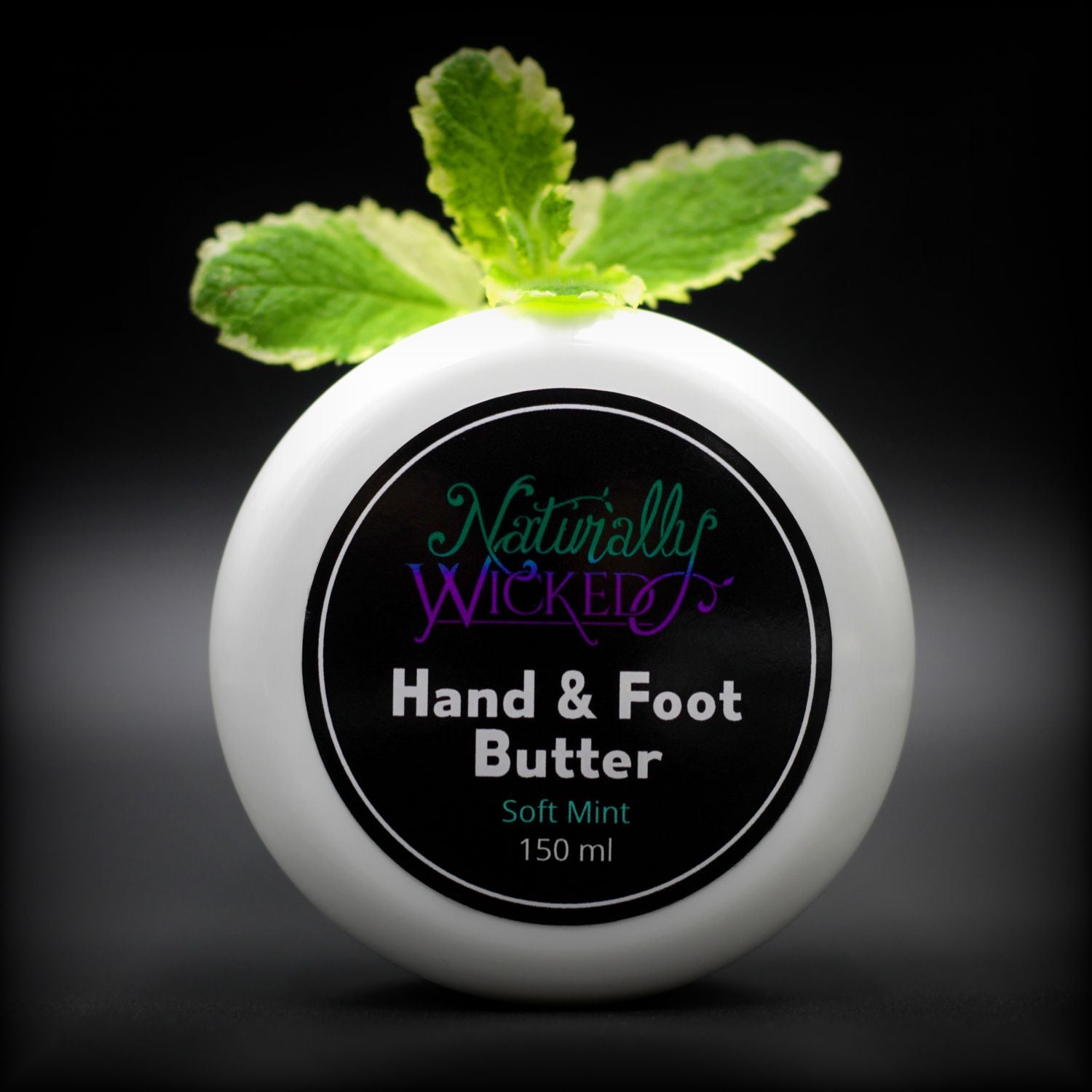Naturally Wicked Soft Mint Hand & Foot Butter Lid With Green & White Mint Leaves On Top