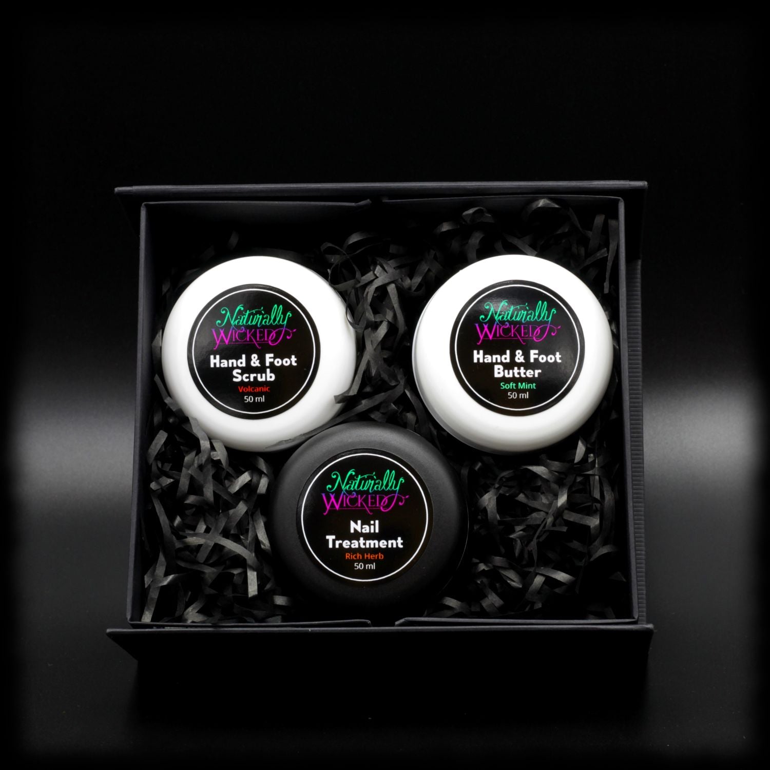 Naturally Wicked Original 3 Step Hand & Foot Kit Inner With Volcanic Hand & Foot Scrub, Rich Herb Nail Treatment & Soft Mint Hand & Foot Butter In Black Gift Packaged Box