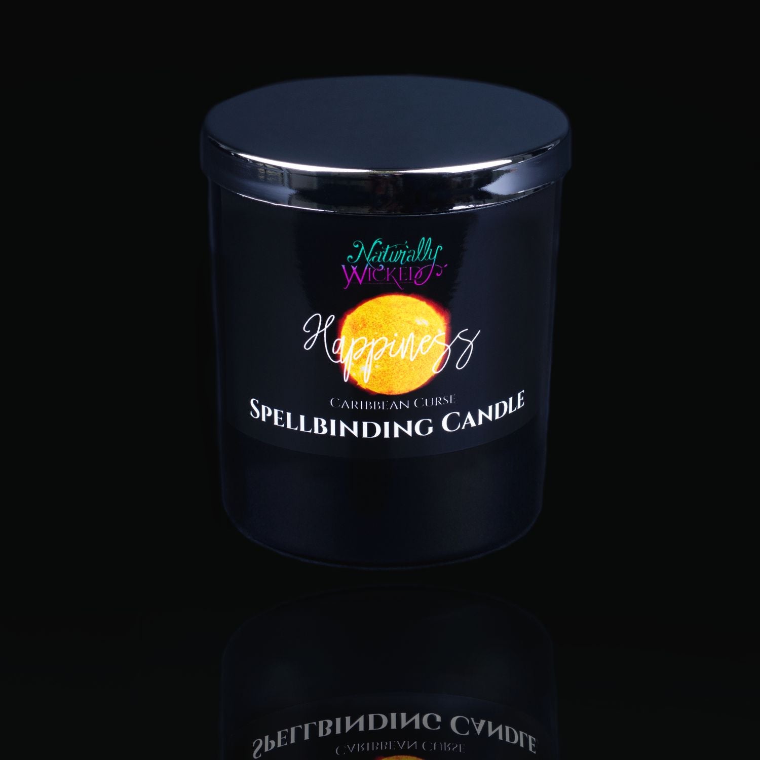 Happiness Is A Gift For Everyone. Naturally Wicked Spellbinding Happiness Spell Candle With Mirror Finished Exquisite Lid In Place. Featuring A Black Gloss Label And A Bright Yellow Sun