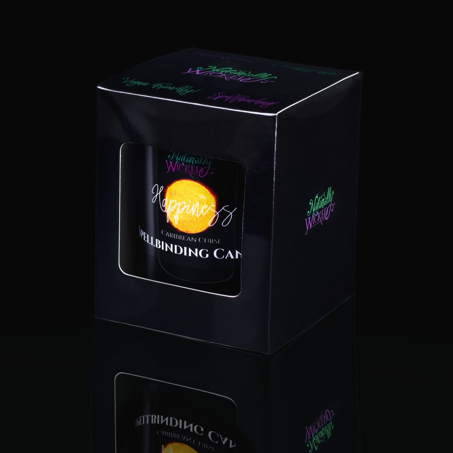 The Perfect Spell Candle Brings The Gift Of True Happiness. Naturally Wicked Spellbinding Happiness Candle Displayed In A Sleek Black Gloss Gift Box. The Candle Features Plant-Based Smooth Yellow Wax, A Wood Wick And A Beautiful Citrine Crystal.