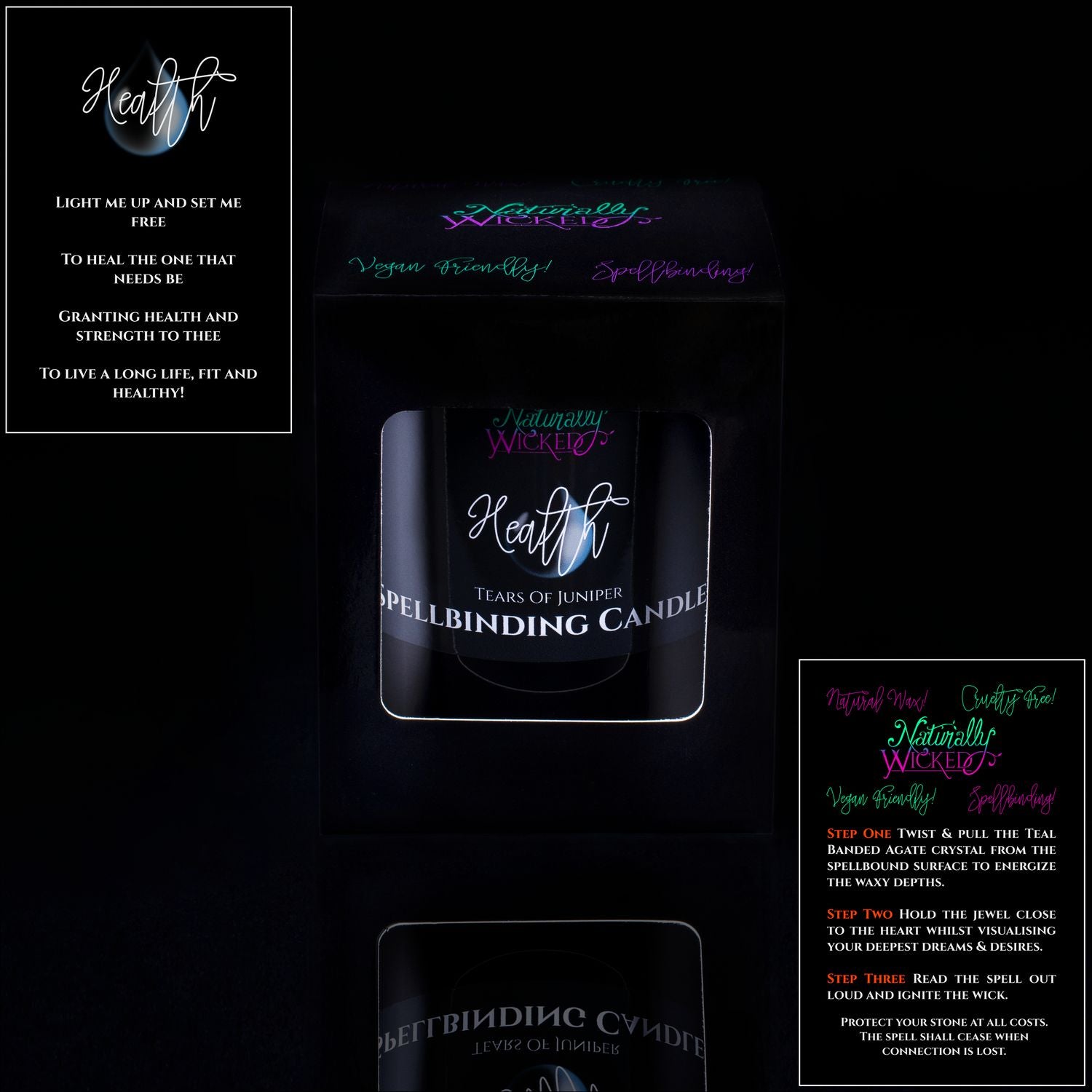 Cast The Perfect Spell With This Unique Spell Candle, Complete With A Double Sided Spell Card. Naturally Wicked Spellbinding Health Candle Displayed In A Sleek Black Gloss Gift Box. The Candle Features Plant-Based Smooth Blue Wax, A Wood Wick And A Beautiful Teal Banded Agate Crystal. Give The Gift Of Health.