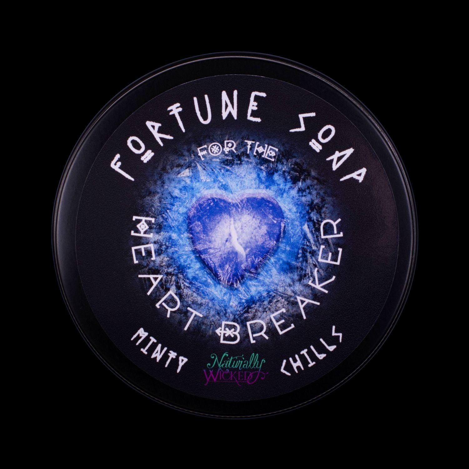 Naturally Wicked Fortune Soap For The Heart Breaker. Icy Blue Plant-based Soap With Quartz Rune Crystal, Scented With Minty Chills All Situated In A Black Glossy Gift Tin.