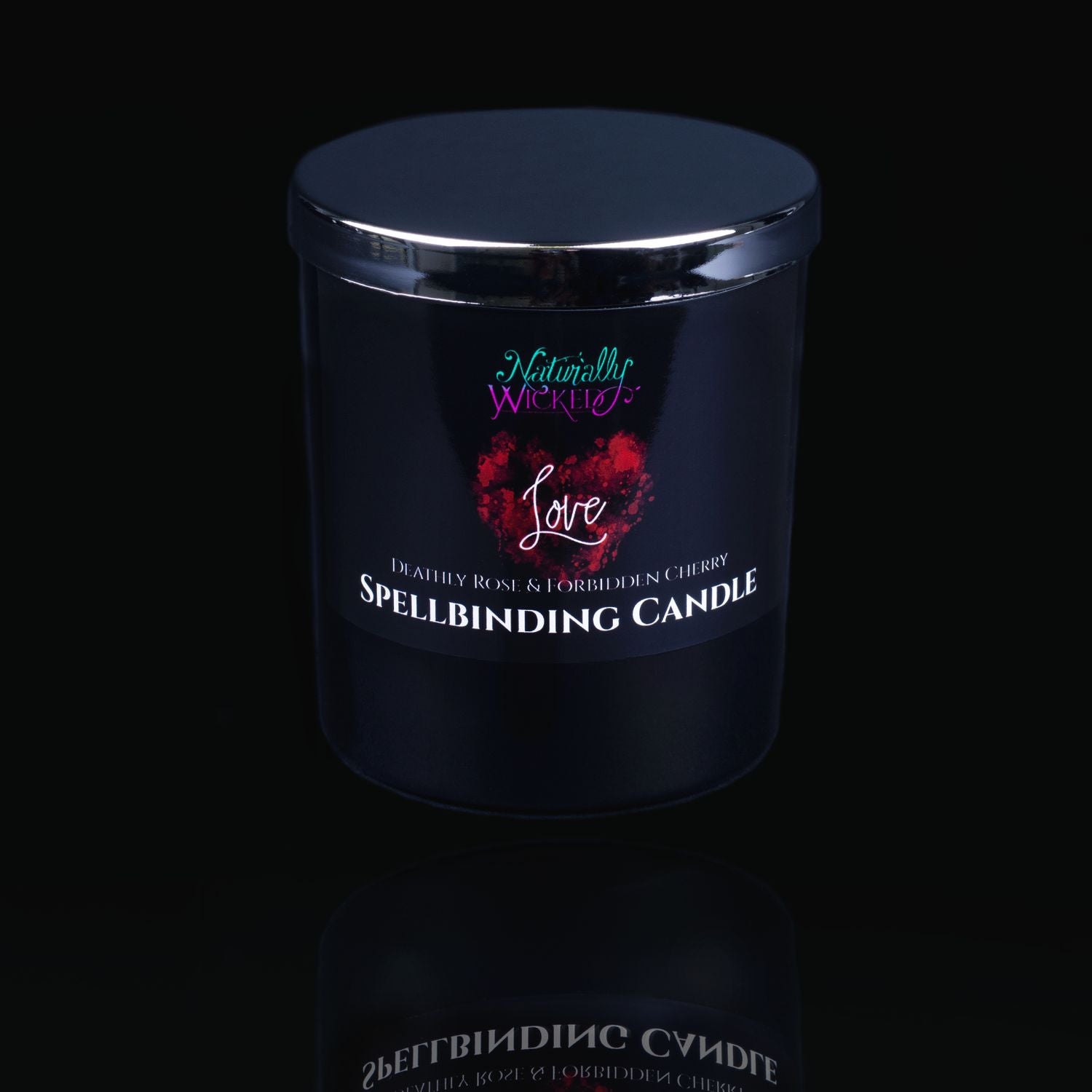 Naturally Wicked Spellbinding Love Spell Candle With Mirror Finished Exquisite Lid In Place. Featuring A Black Gloss Label And A Bright Red Love Heart. Give The Gift Of Love