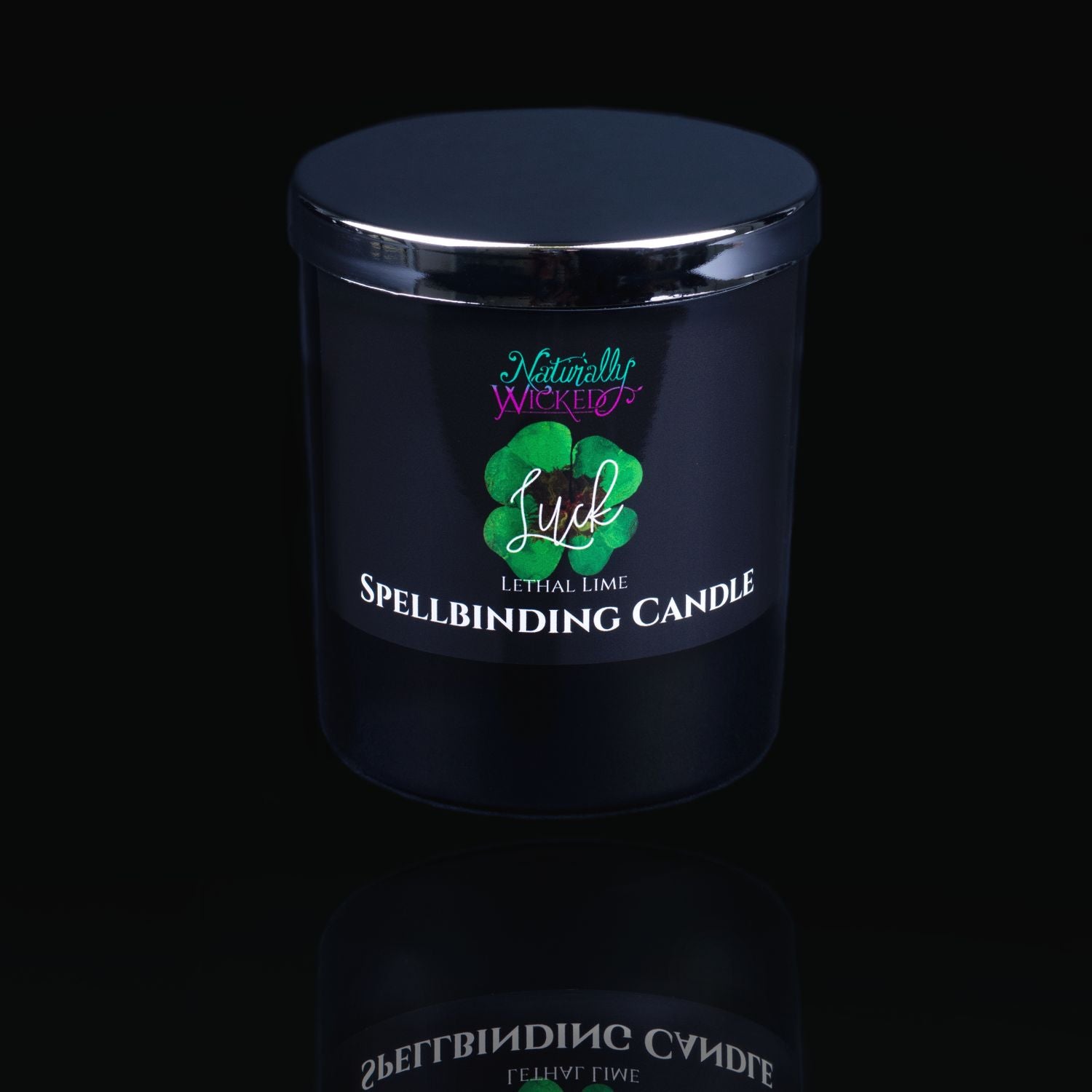 Get Lucky With The Naturally Wicked Spellbinding Luck Spell Candle With Mirror Finished Exquisite Lid In Place. Featuring A Black Gloss Label And An Enchanting Lucky 4 Leaf Clover. 