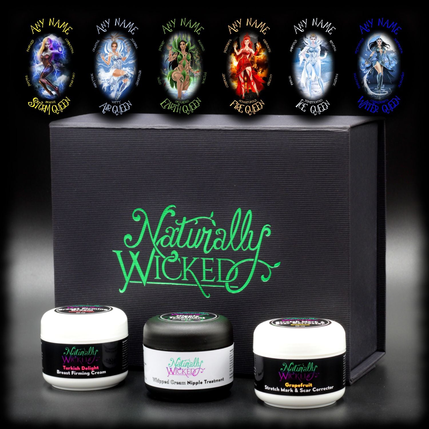 Naturally Wicked Personalised Mamma Kit With Breast Firming Cream, Nipple Treatment & Stretch Mark Corrector Beside Classy Black Wicked Queen Gift Box - Makes Perfect Gift For New Mum