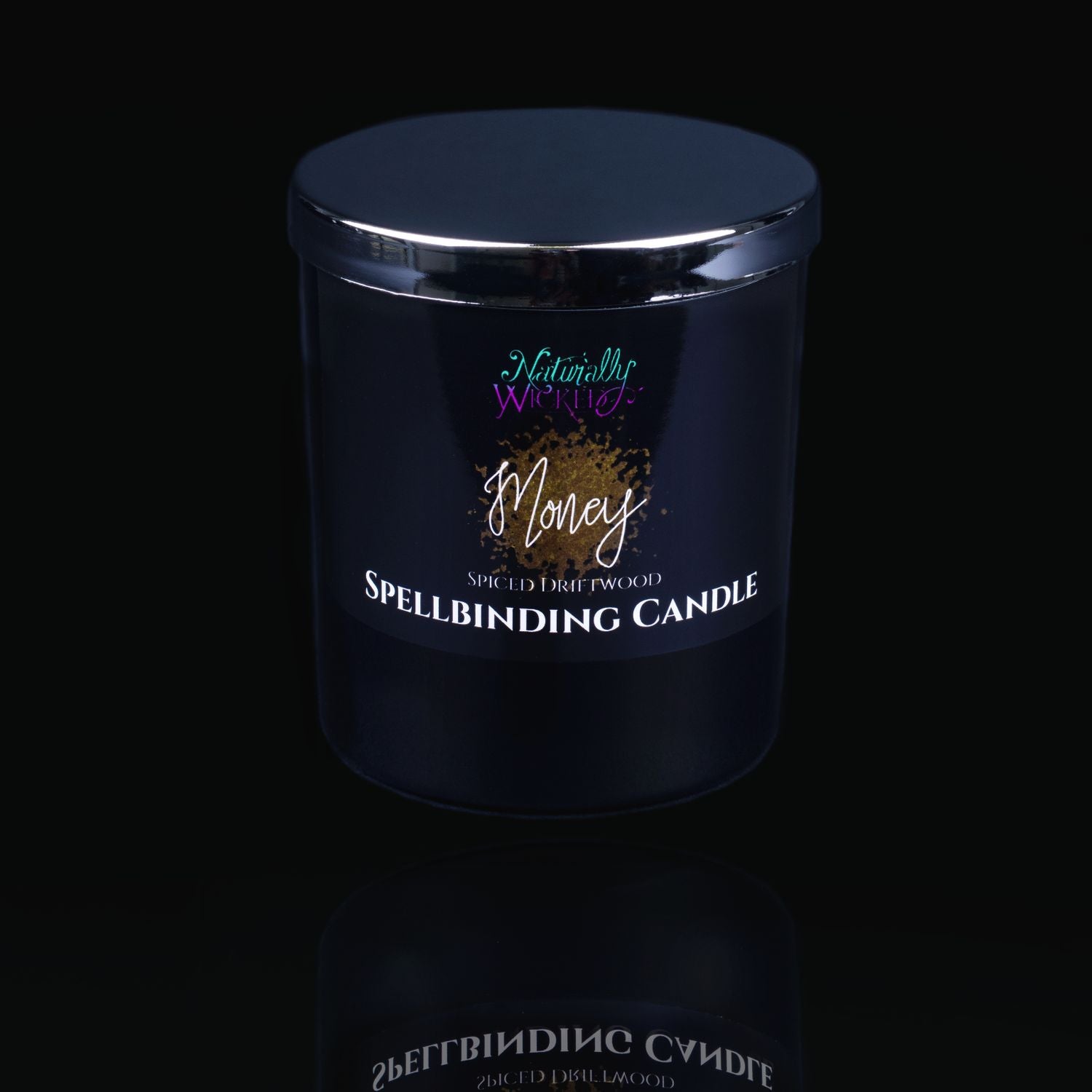 Naturally Wicked Spellbinding Money Spell Candle With Mirror Finished Exquisite Lid In Place. Featuring A Black Gloss Label And An Explosion Of Gold Dust. This Classic Gift Is Better Than Money Itself