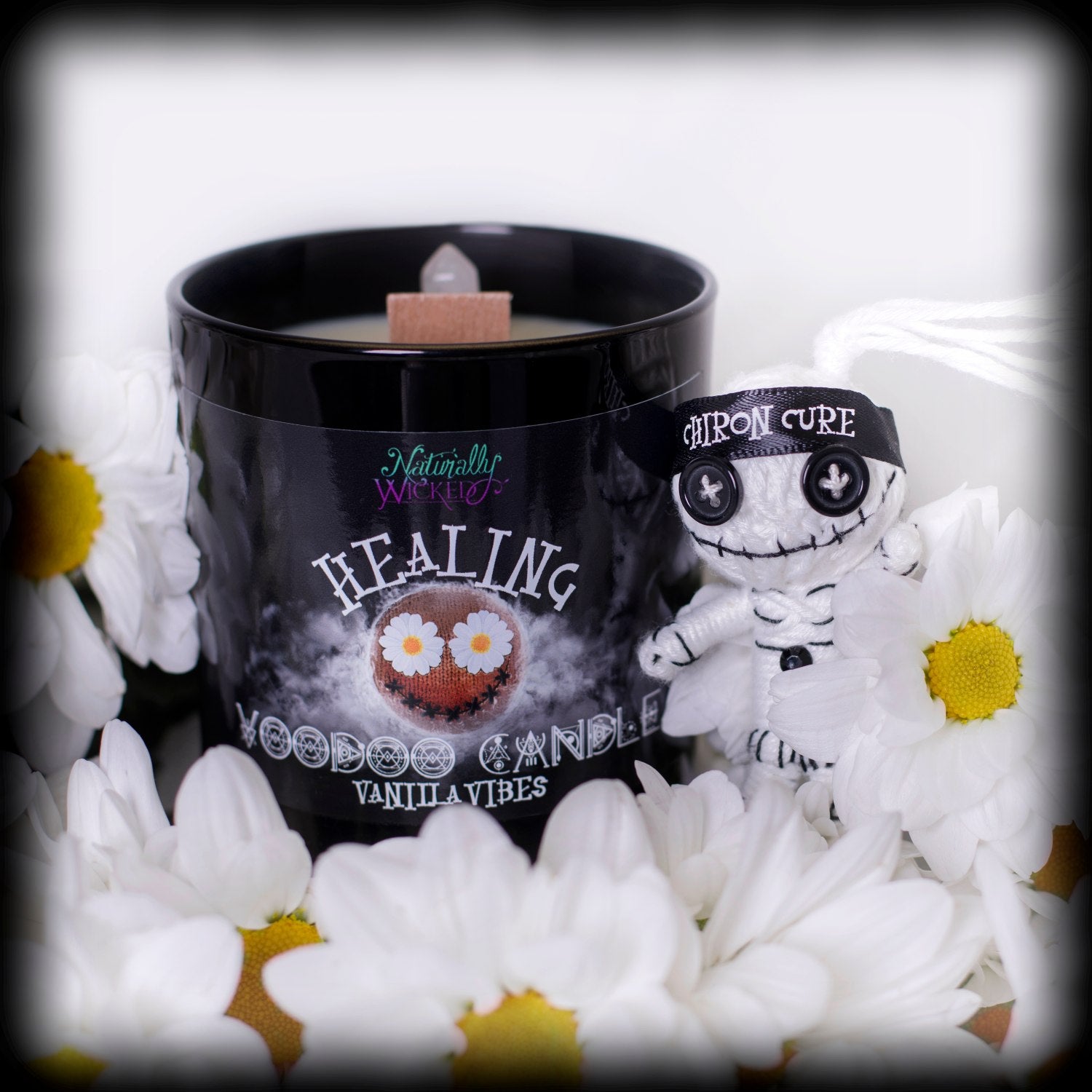 Naturally Wicked Voodoo Healing Spell Candle Entombed With Quartz Crystal Amongst Daisies & Beside Chiron Cure Healing Voodoo Doll
