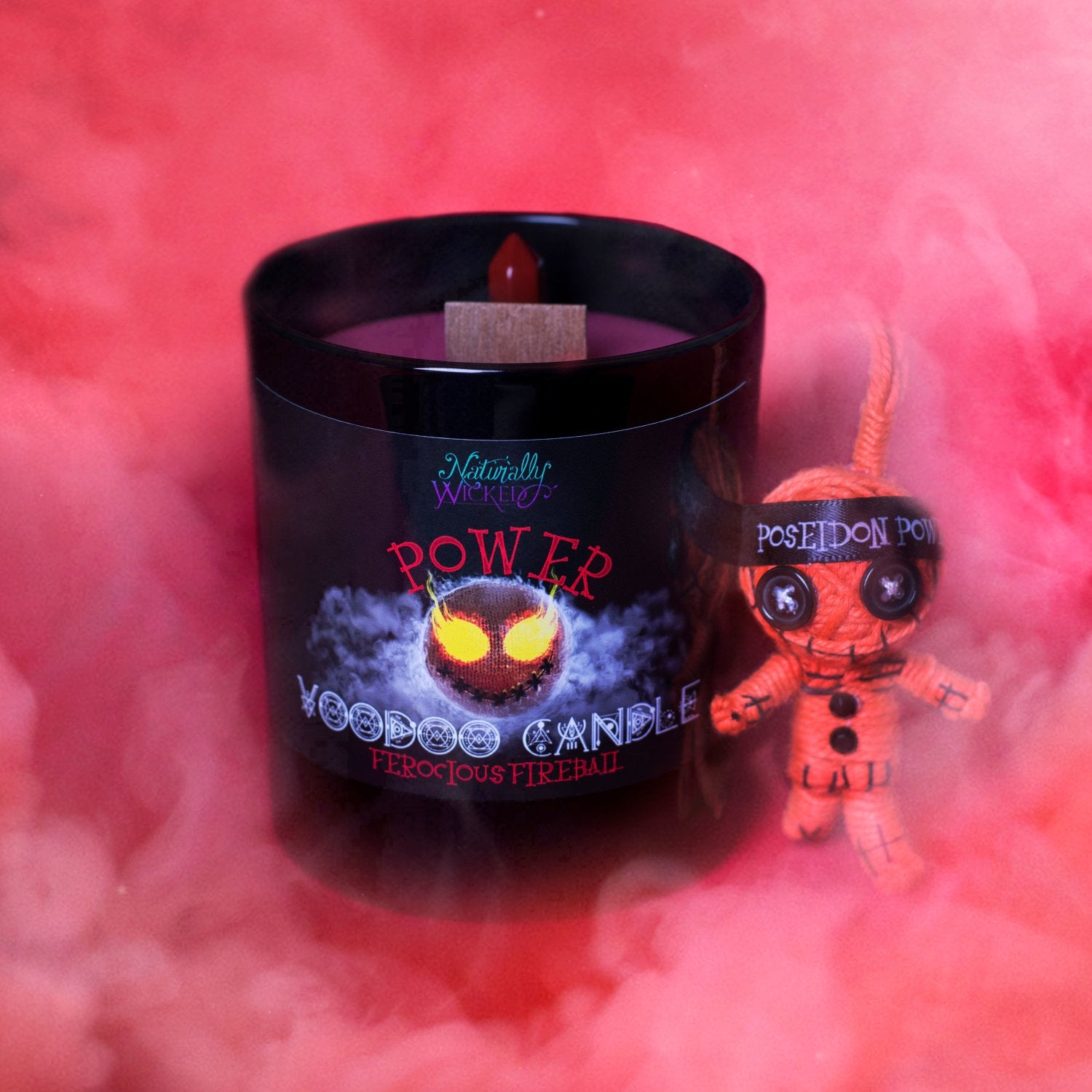Naturally Wicked Voodoo Power Crystal Candle Alongside Danger Red Voodoo Doll; Poseidon Power