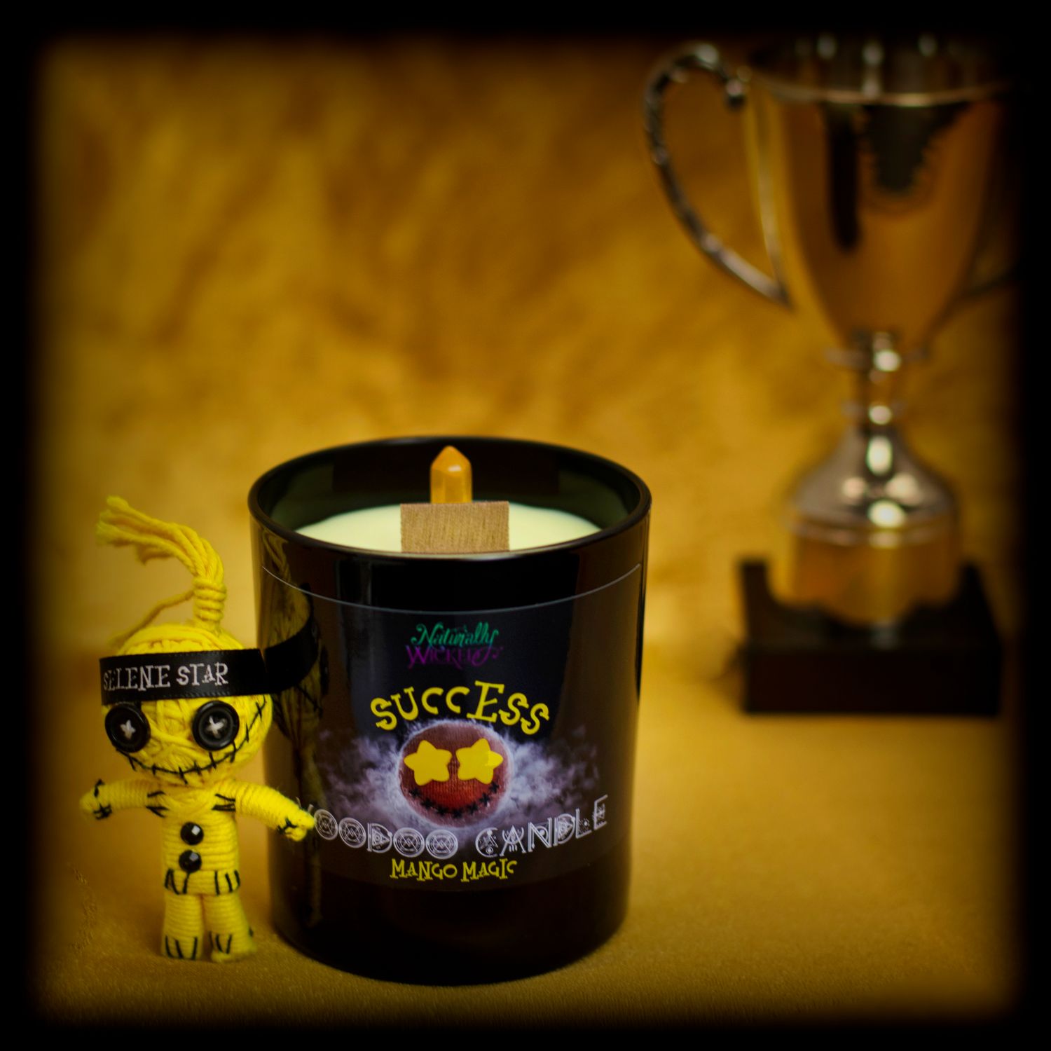 Naturally Wicked Voodoo Success Candle With Yellow Success Voodoo Doll & Gold Trophy