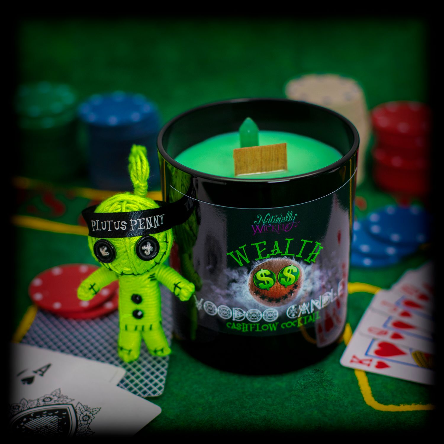 Naturally Wicked Voodoo Wealth Candle Entombed With Aventurine Crystal & Surrounded By Green Voodoo Doll, Cards & Chips