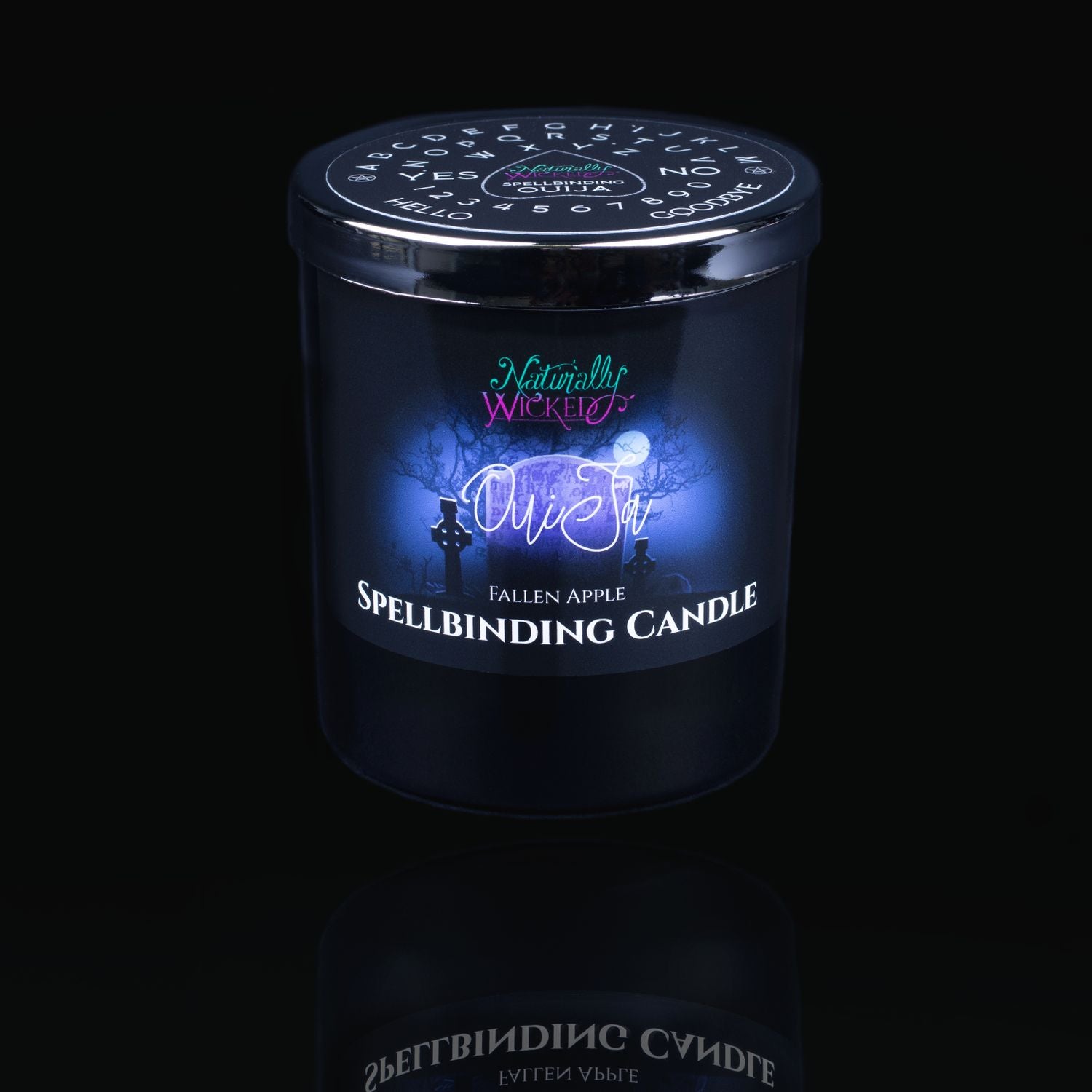 Naturally Wicked Spellbinding Ouija Spell Candle With Mirror Finished Exquisite Lid In Place. Featuring A Black Gloss Label And A Spooky Graveyard Design. A Unique Gift For Dark Souls