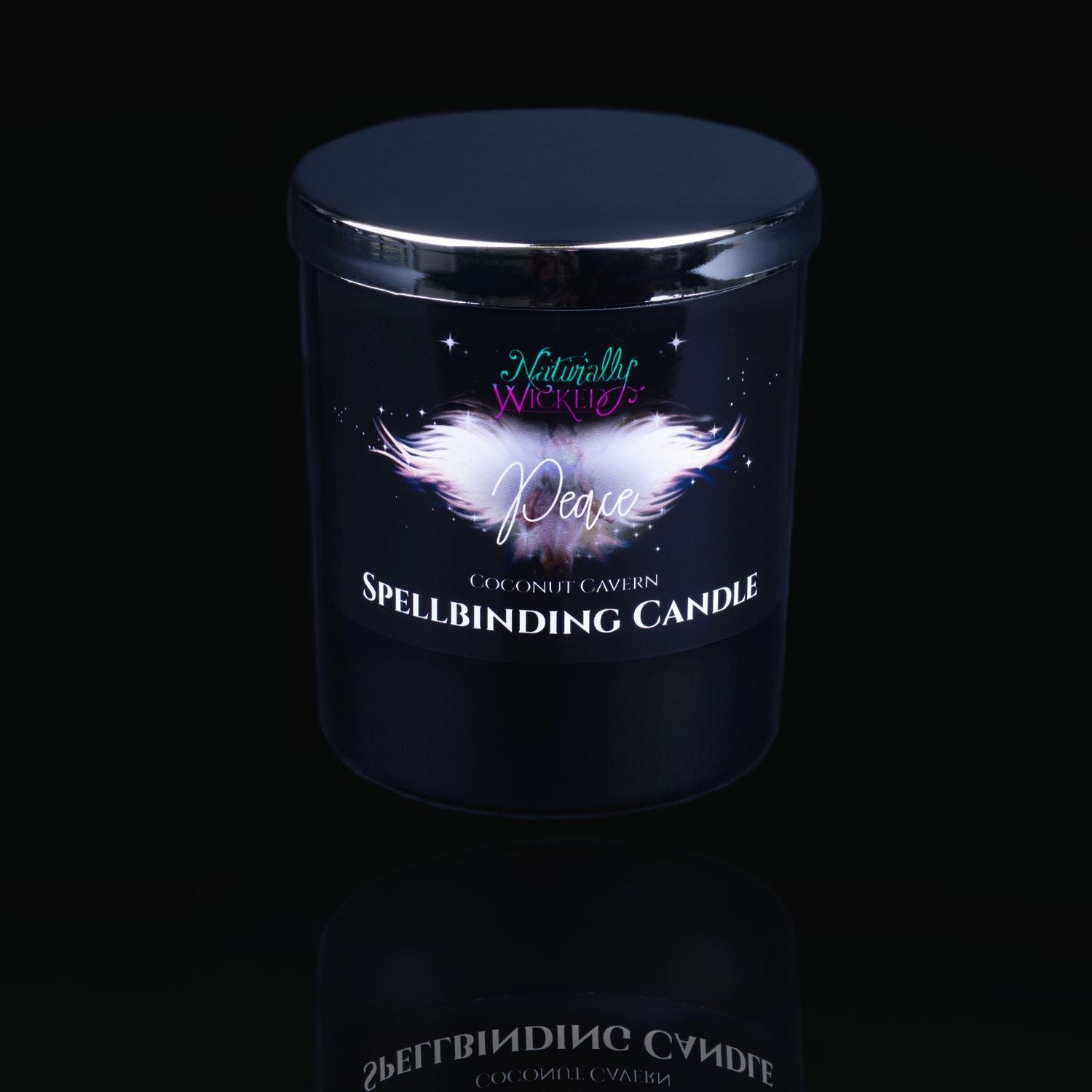 Naturally Wicked Spellbinding Peace Spell Candle With Mirror Finished Exquisite Lid In Place. Featuring A Black Gloss Label And A Beautiful Angel Of Peace