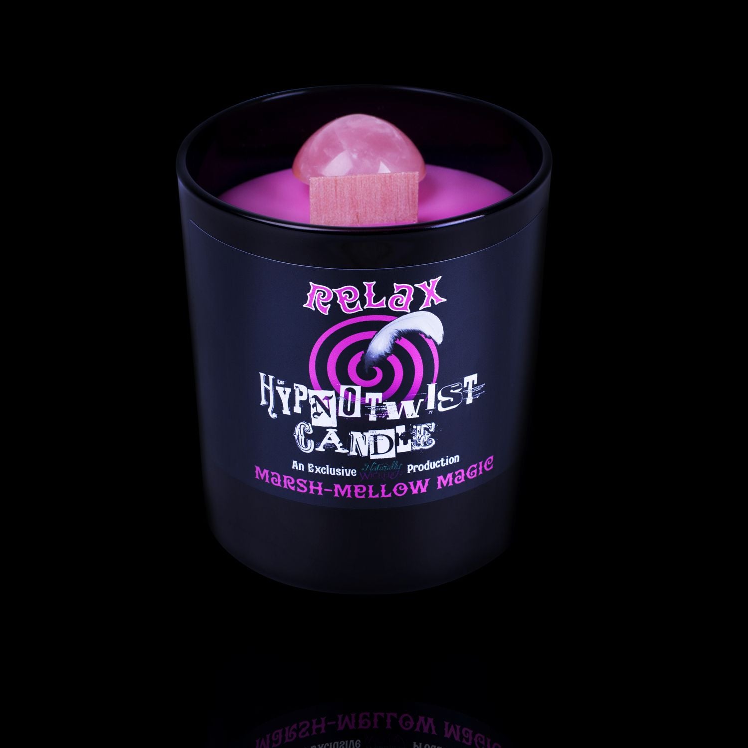 Naturally Wicked Hypnotwist Relax Candle Featuring Plant-based Soy Pink Wax Scented with Marsh-Mellow Magic & Includes A Rose Quartz Crystal Spinning Top.