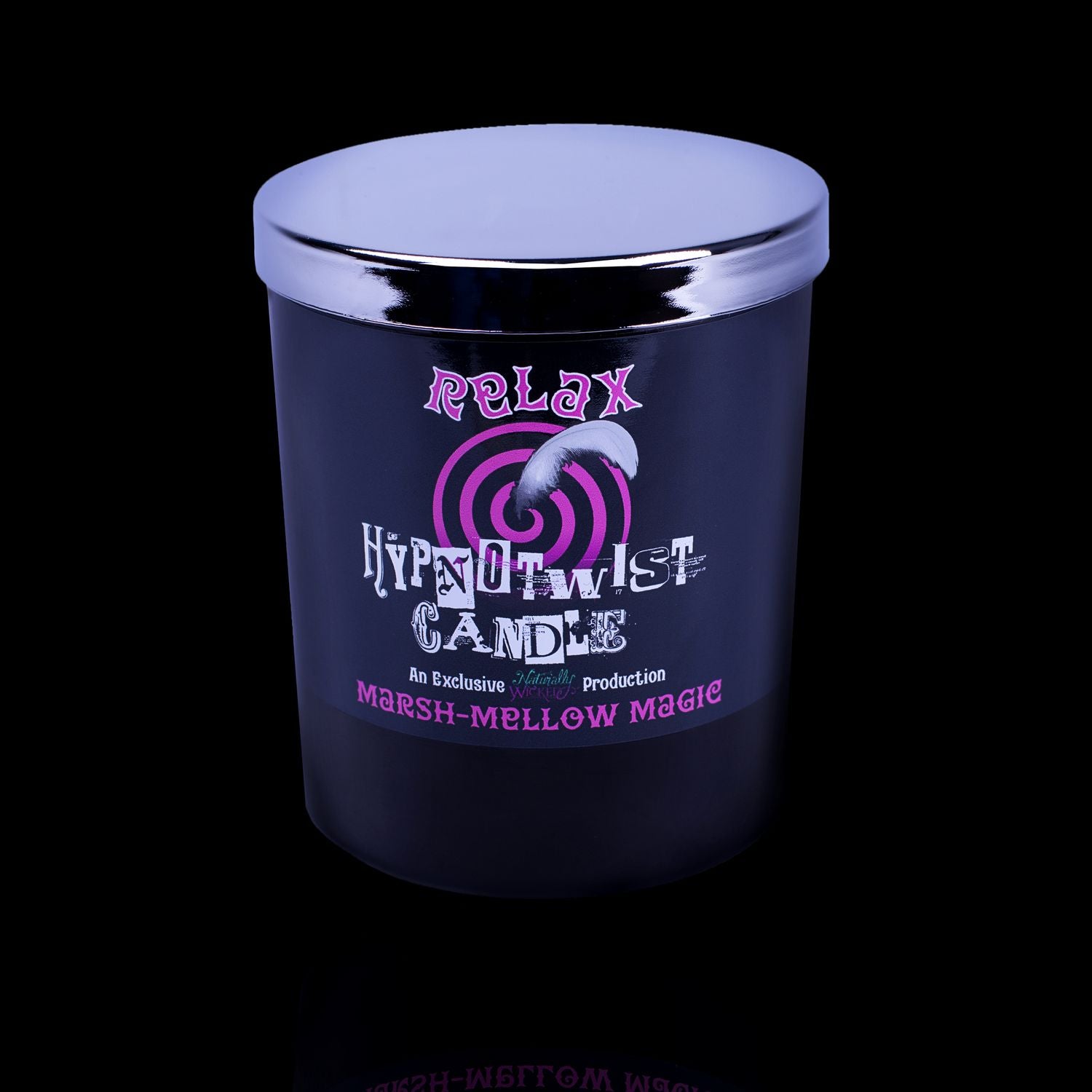 Experience The Ultimate Relaxation With The Naturally Wicked Hypnotwist Relax Candle Featuring Plant-based Soy Pink Wax Scented With Marsh-Mellow Magic & Includes A Rose Quartz Crystal Spinning Top & Mirrored Lid