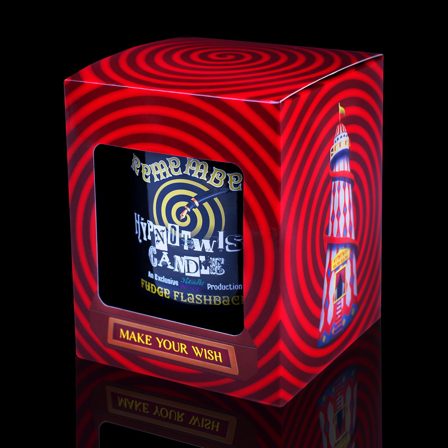 Side View Of The Naturally Wicked Hypnotwist Remember Candle, Plant-based Soy Brown Wax Scented With Fudge Flashbacks, Including A Tiger's Eye Crystal Spinning Top, Mirrored Lid & Red Circus Hypnotic Gift Box