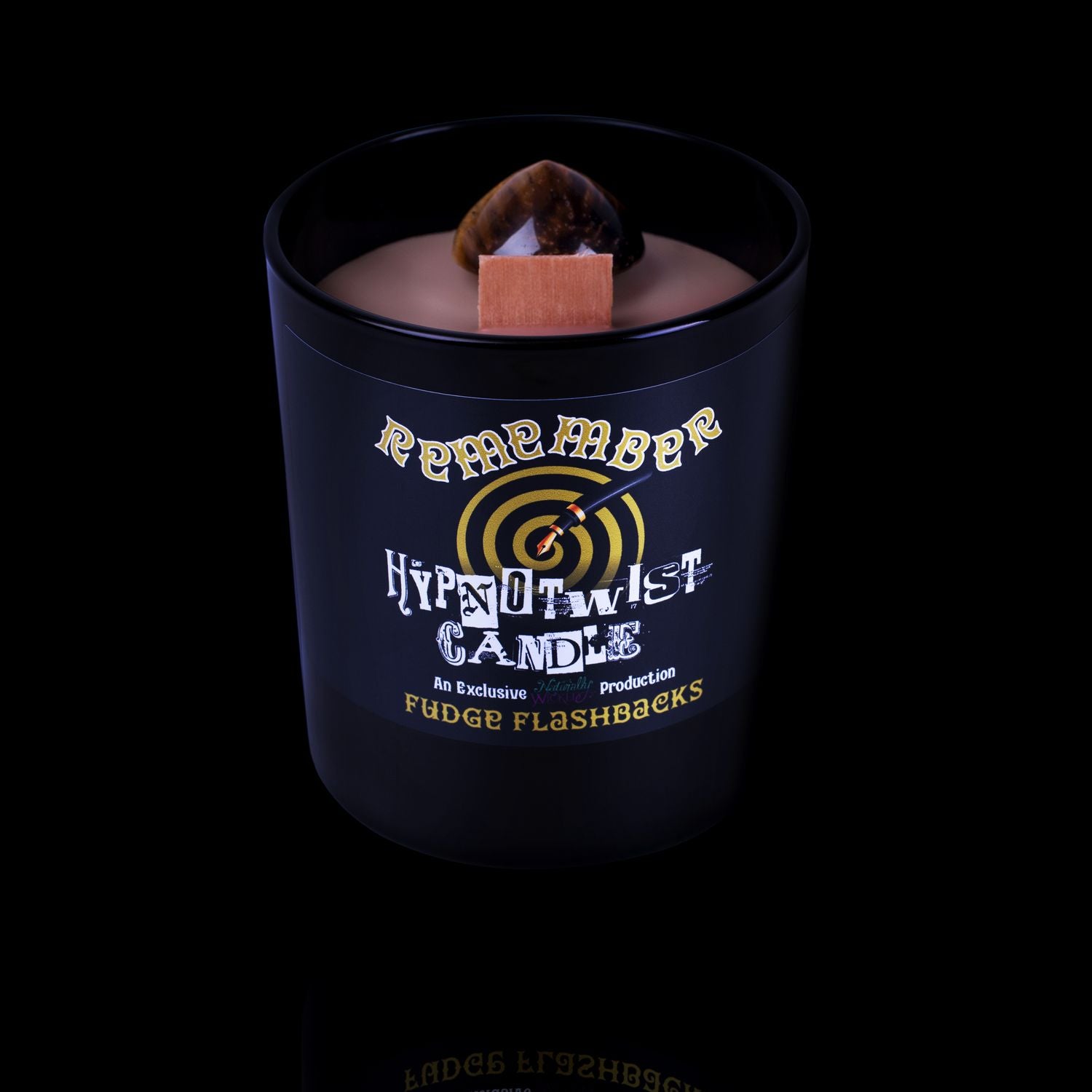 Naturally Wicked Hypnotwist Remember Candle Featuring Plant-based Soy Brown Wax Scented with Fudge Flashbacks & Includes A Tiger's Eye Crystal Spinning Top.