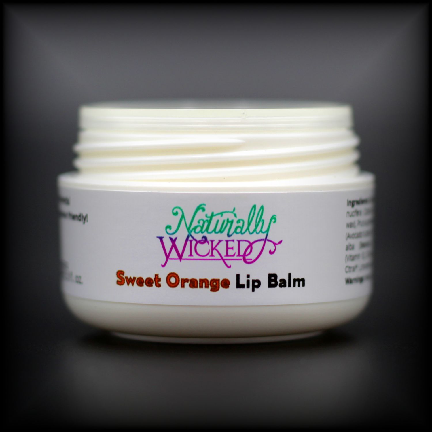 Naturally Wicked Sweet Orange Lip Balm Container Without Lid, Exposing Screwed Lid Connection & Seal