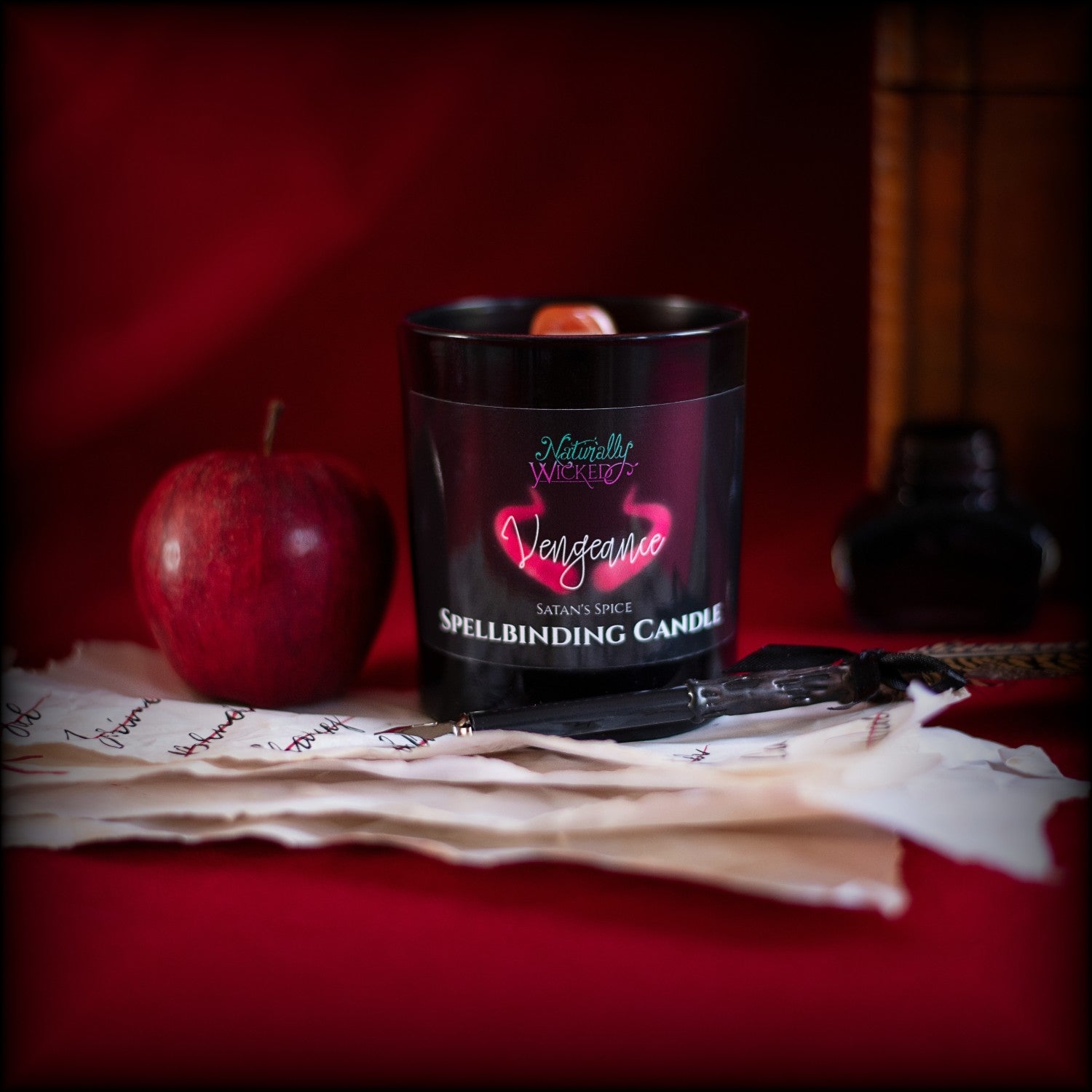 A Gift Of Sweet Revenge. A Scenic View Of The Perfect Spell Candle. Naturally Wicked Spellbinding Vengeance Candle Proudly Presents It's Dark Black Gloss Label With A Pair Of Red Glowing Devil Horns On The Front. The Candle Features Plant-based Smooth Rich Red Wax, A Wood Wick And A Beautiful Carnelian Crystal. A Unique Gift For Dark Souls And Twisted Desires
