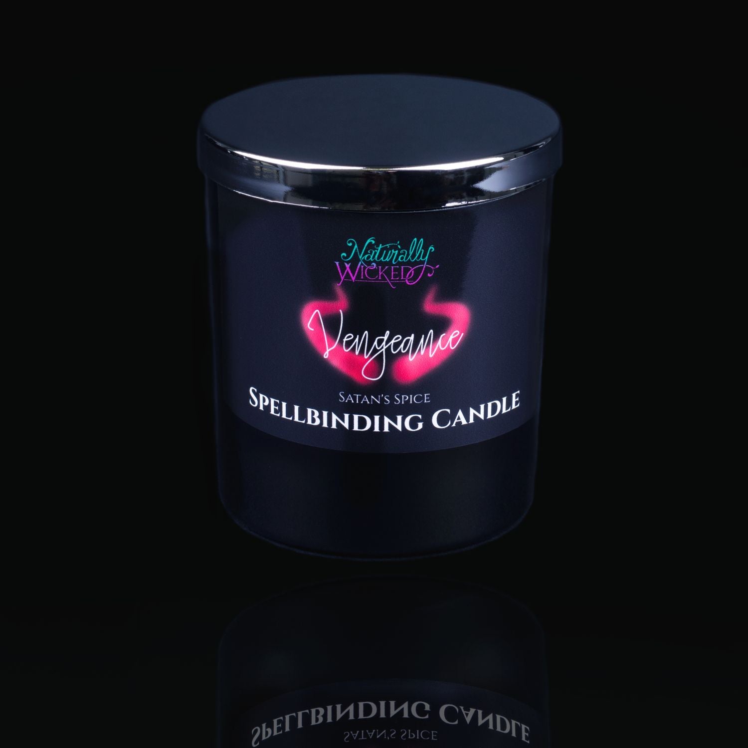 A Truly Unique Gift. Naturally Wicked Spellbinding Vengeance Spell Candle With Mirror Finished Exquisite Lid In Place. Featuring A Black Gloss Label And A Pair Of Red Glowing Devil Horns