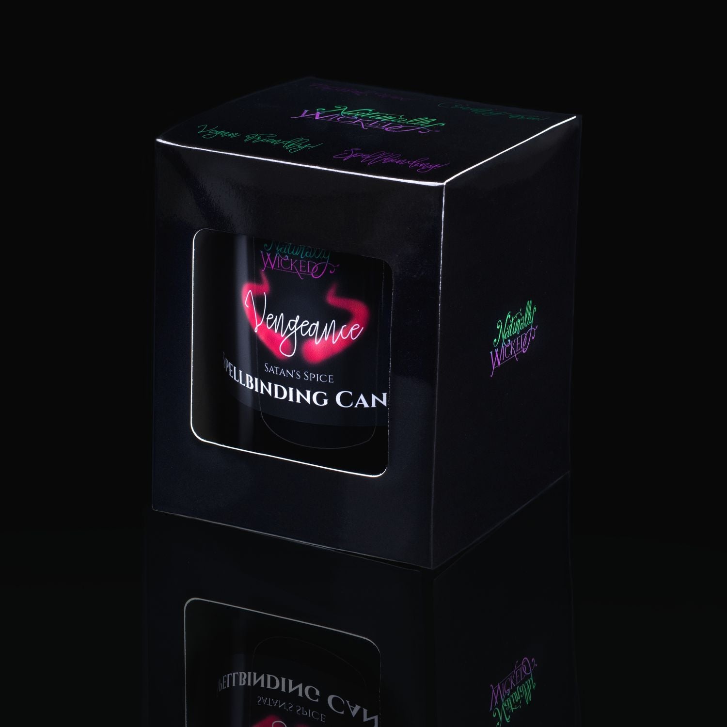 The Perfect Spell Candle For The Darkest Of Souls. Naturally Wicked Spellbinding Vengeance Candle Displayed In A Sleek Black Gloss Gift Box. The Candle Features Plant-Based Smooth Rich Red Wax, A Wood Wick And A Beautiful Carnelian Crystal.
