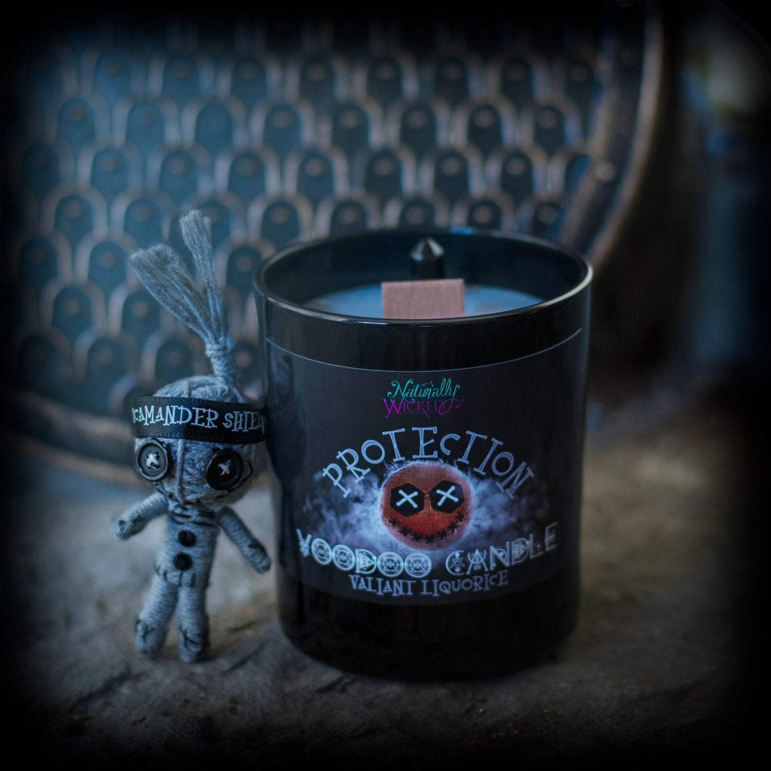 Naturally Wicked Voodoo Protection Spell Candle Alongside Voodoo Protection Doll; Scamander Shield