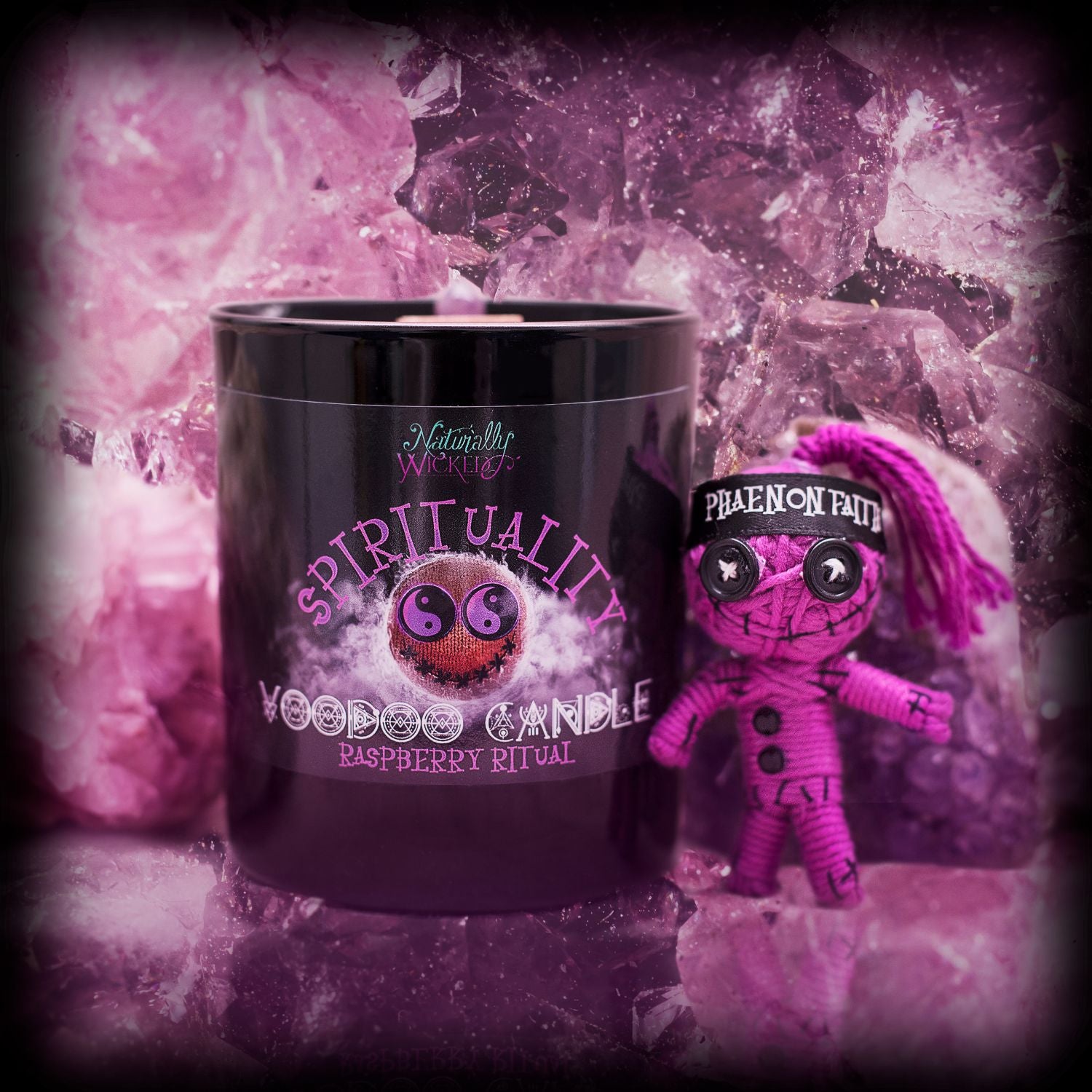 Naturally Wicked Voodoo Crystal Spirituality Candle Alongside Purple Spiritual Voodoo Doll; Phaenon Faith